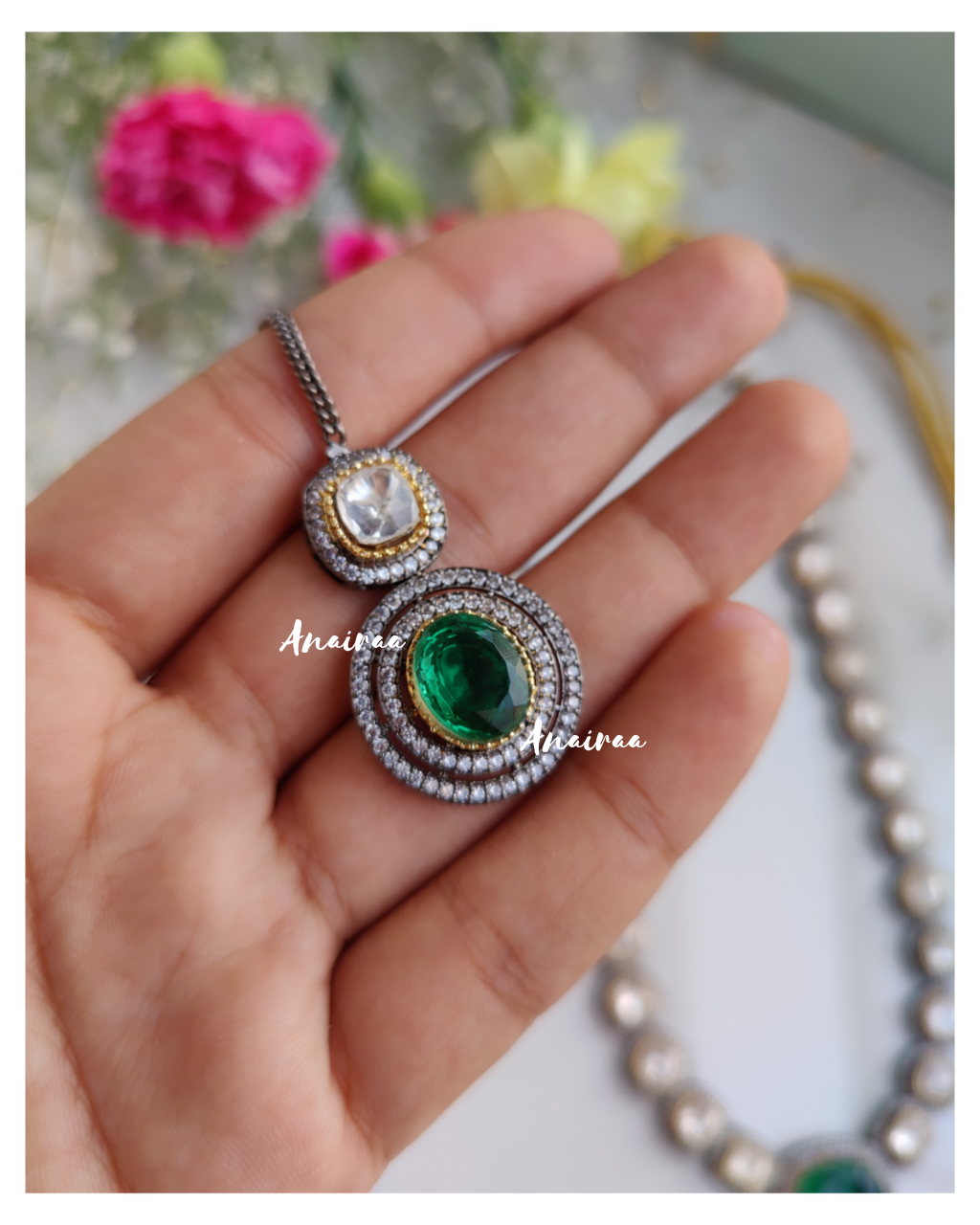 Polki emerald doublet long necklace