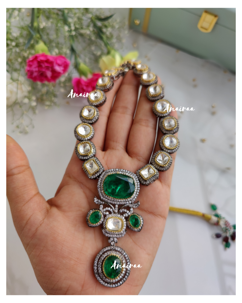 Polki emerald doublet long necklace