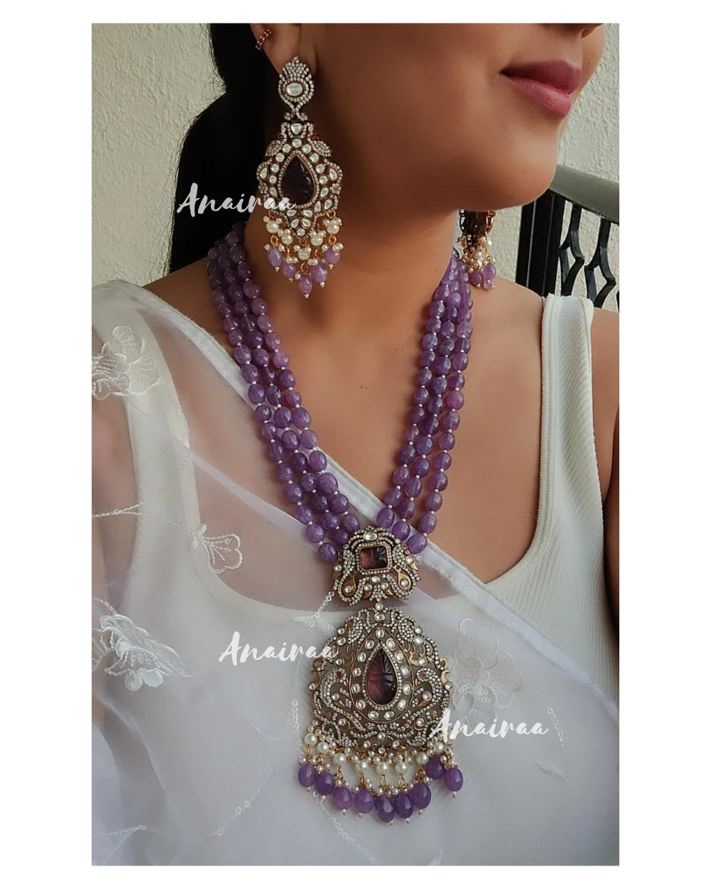 Purple polki Victorian long necklace anairaa