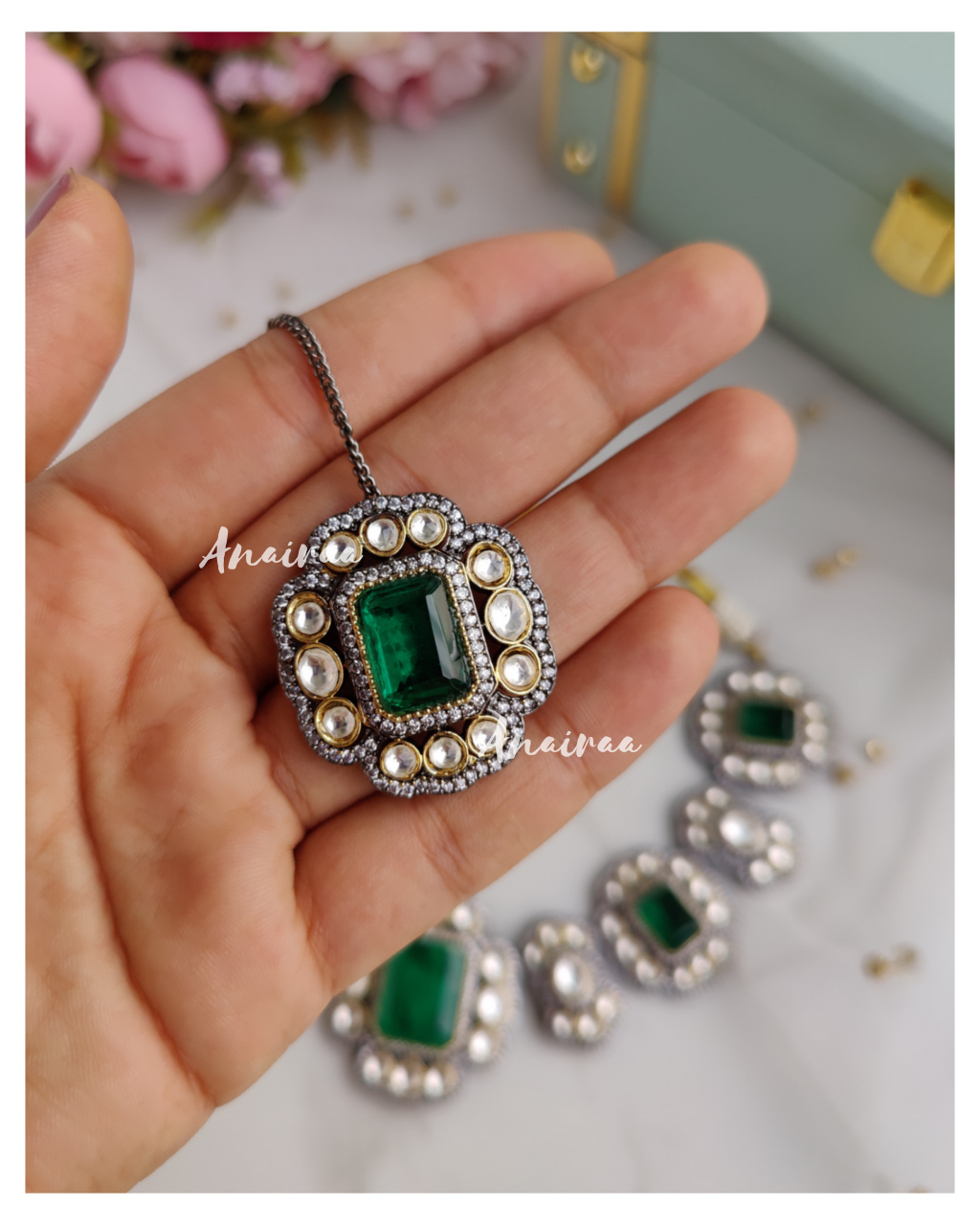 Polki emerald doublet set (Dispatch time 1-2 Weeks)