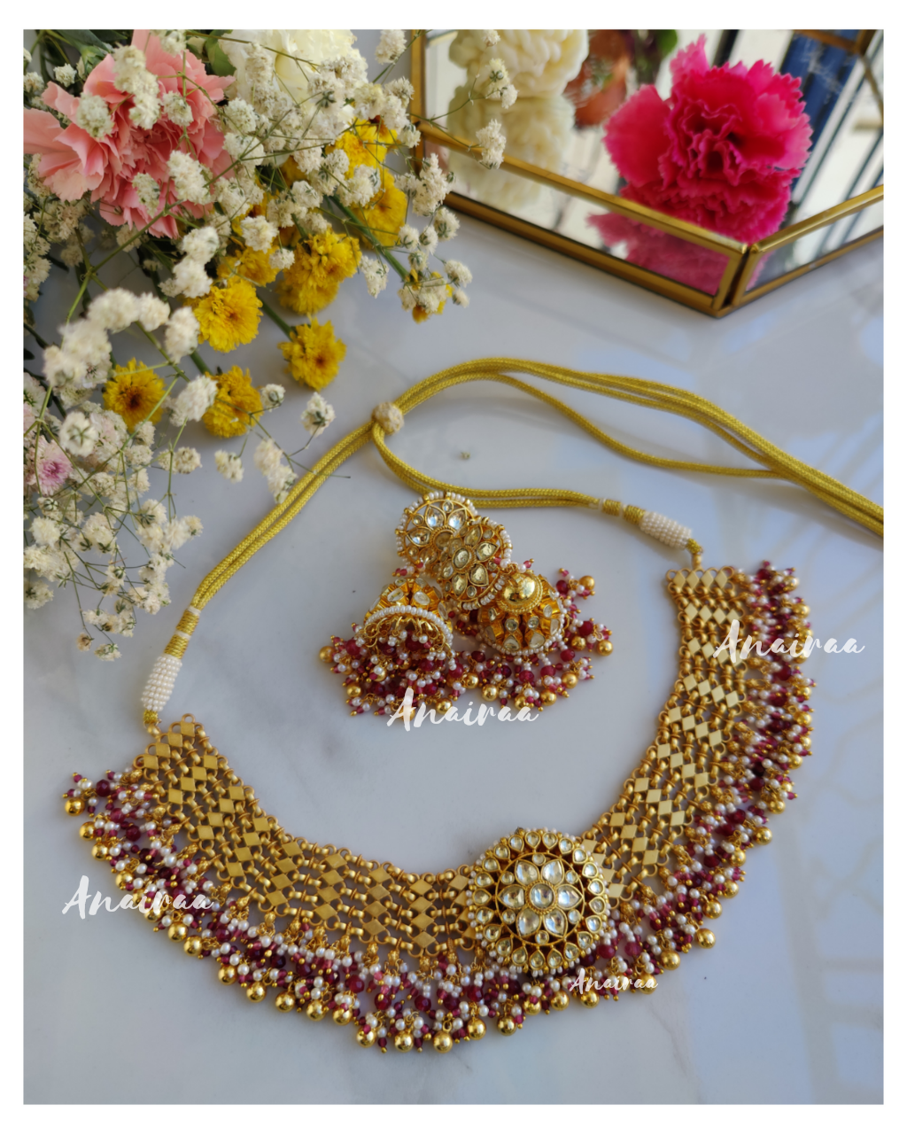 Gold lookalike paachi kundan necklace set