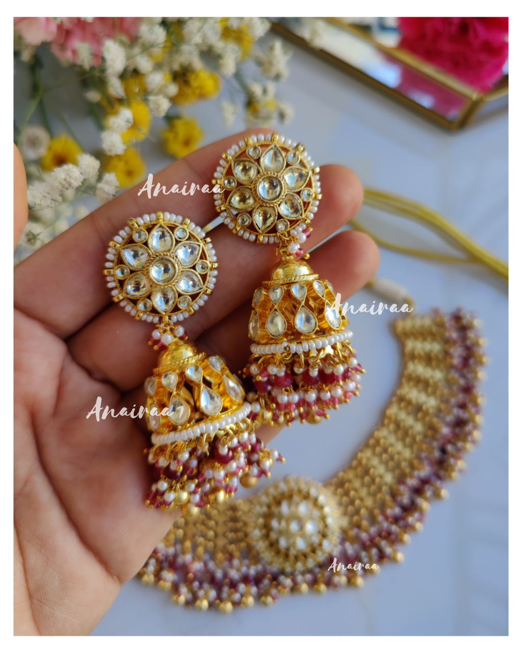 Gold lookalike paachi kundan necklace set