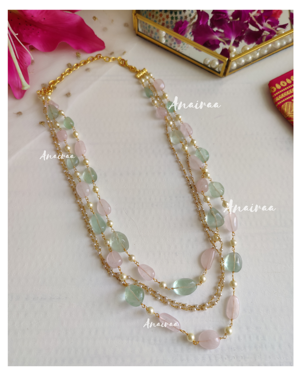 Long necklace in Rose quartz and flourites