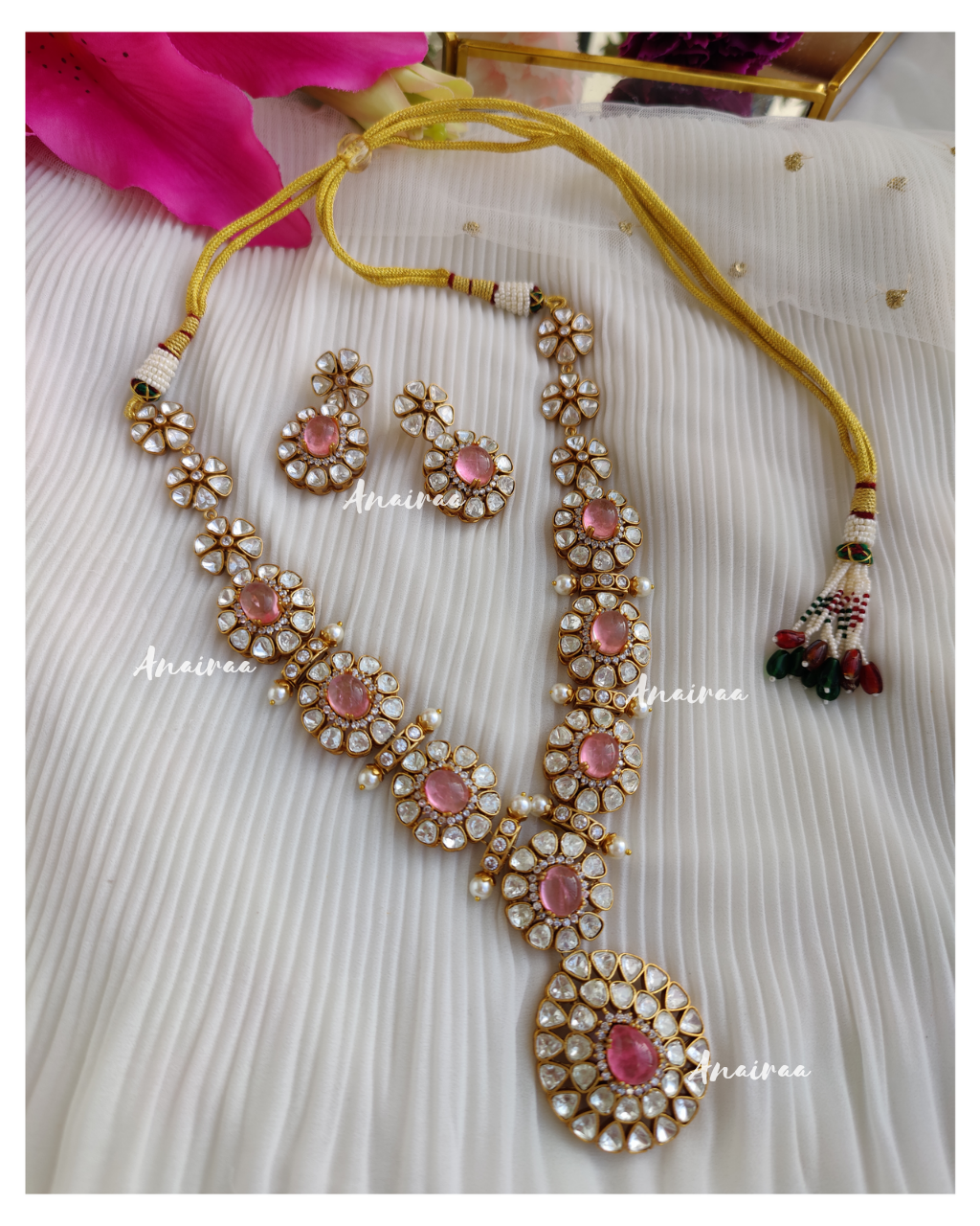 Pink polki mossanite long necklace