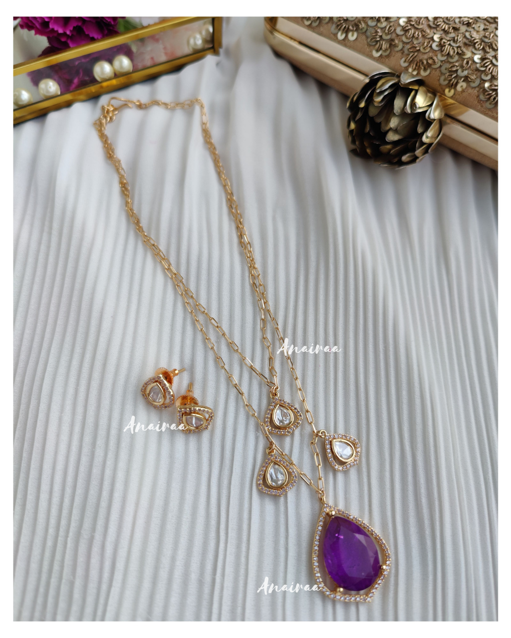 Purple polki Victorian pendant set