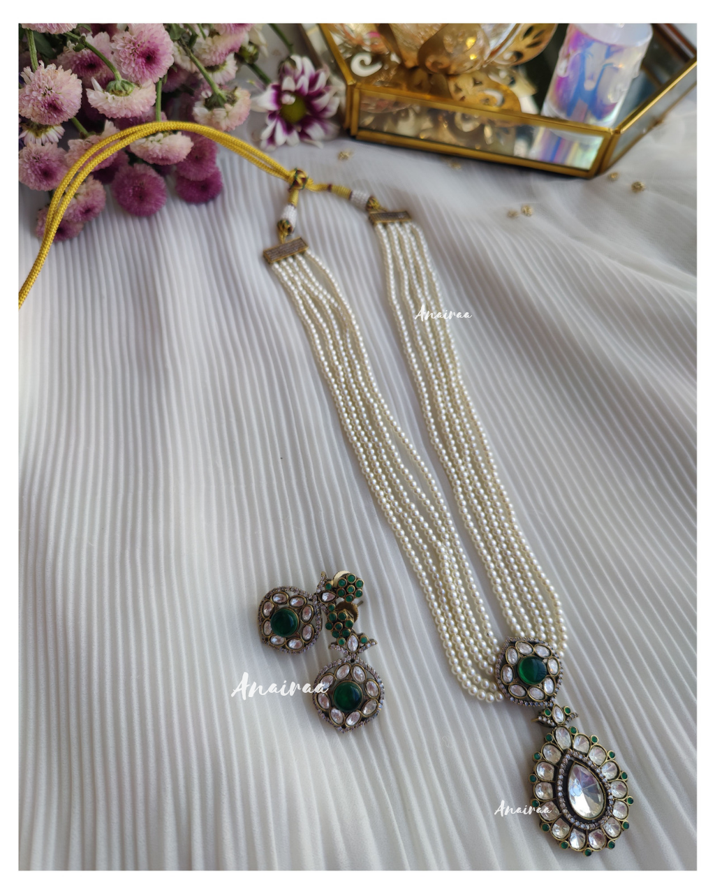 Polki emerald long necklace set(dispatch time 2 weeks)