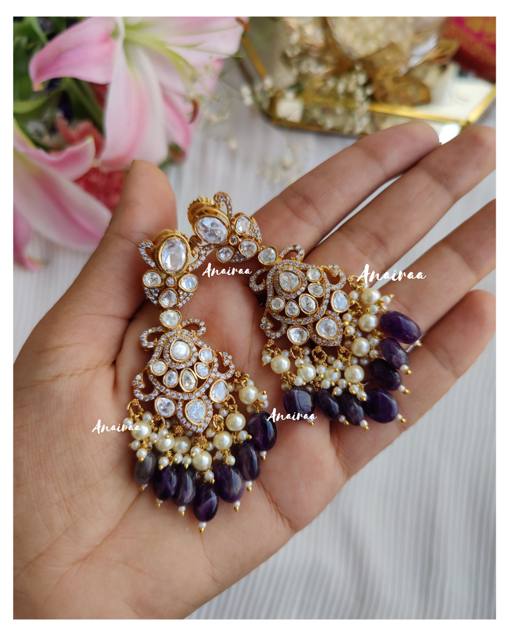 Purple polki mossanite earrings