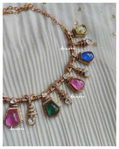 Multi coloured polki victorian necklace set