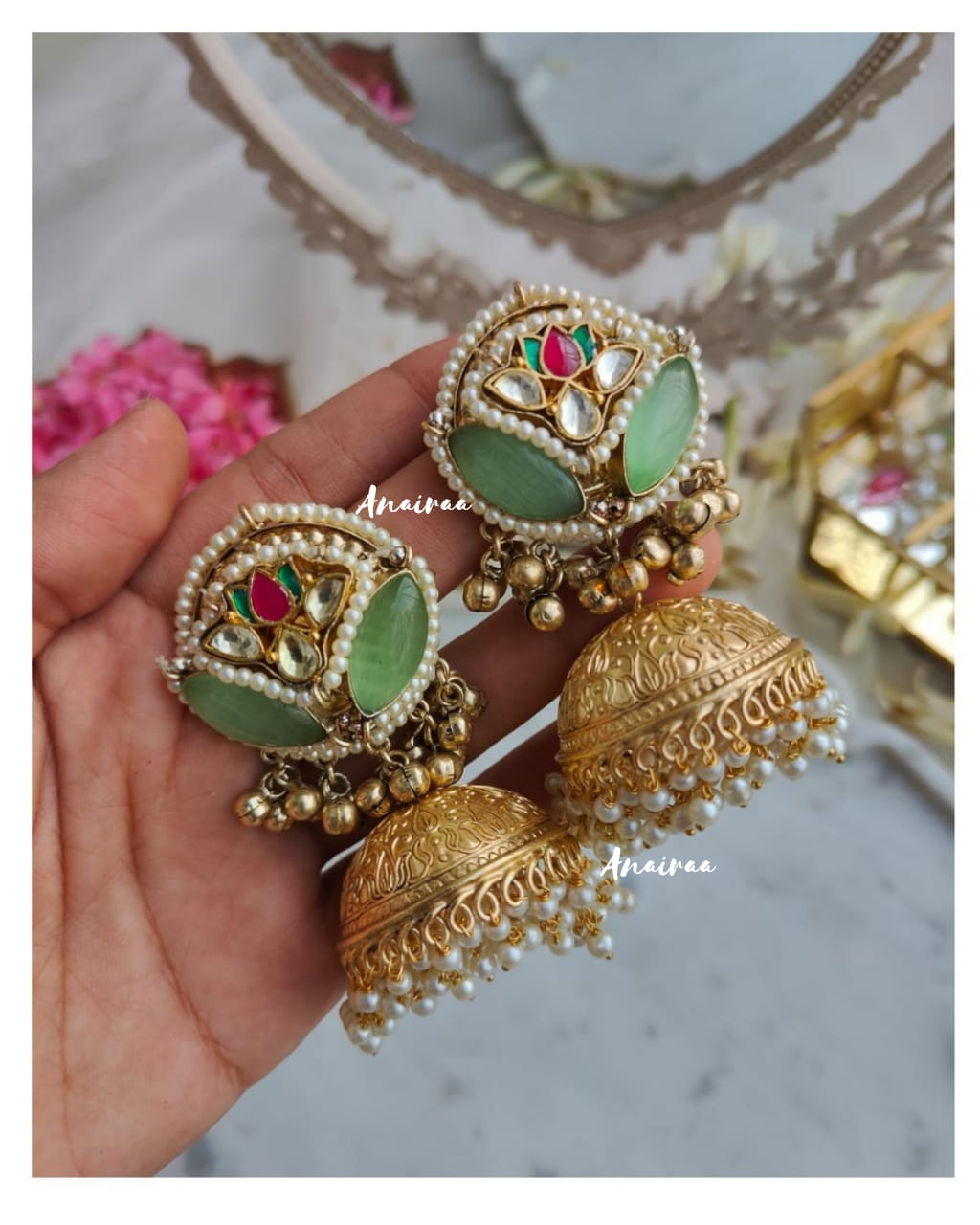 Emerald carving stone jhumkas