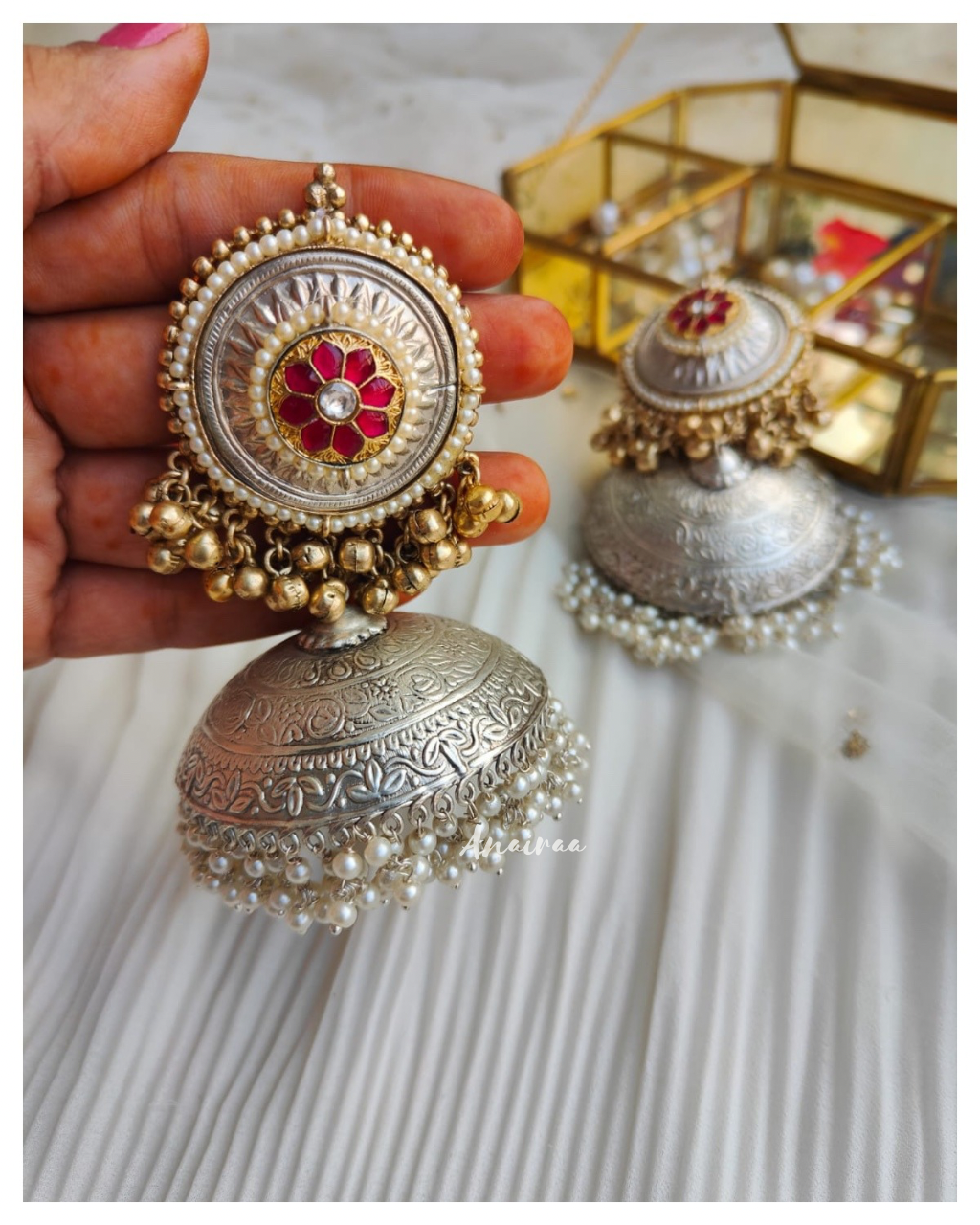 Dual tone silver jhumkas