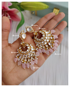 Polki Chandbali in Rose quartz beads