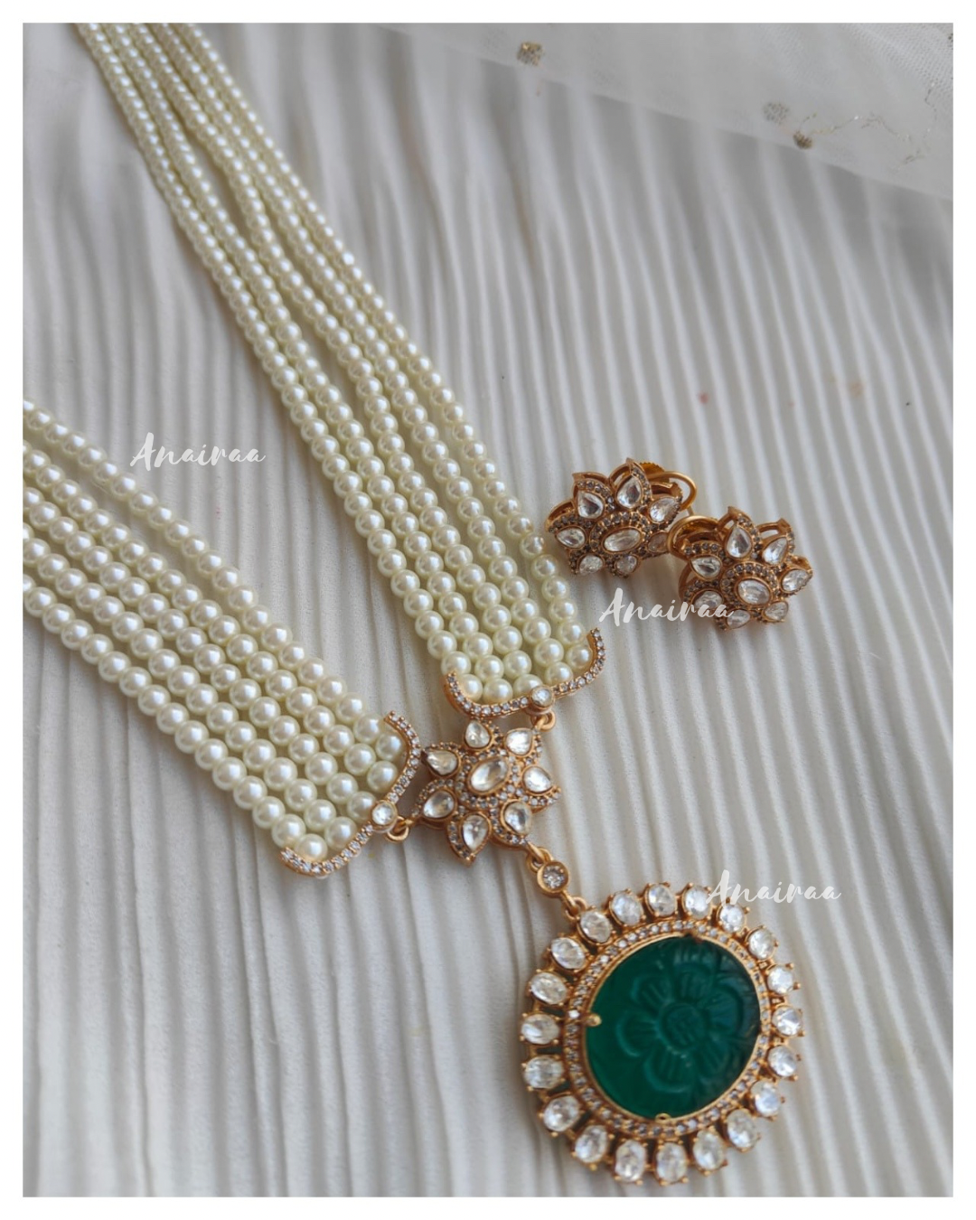 A polki long necklace set (Dark green)