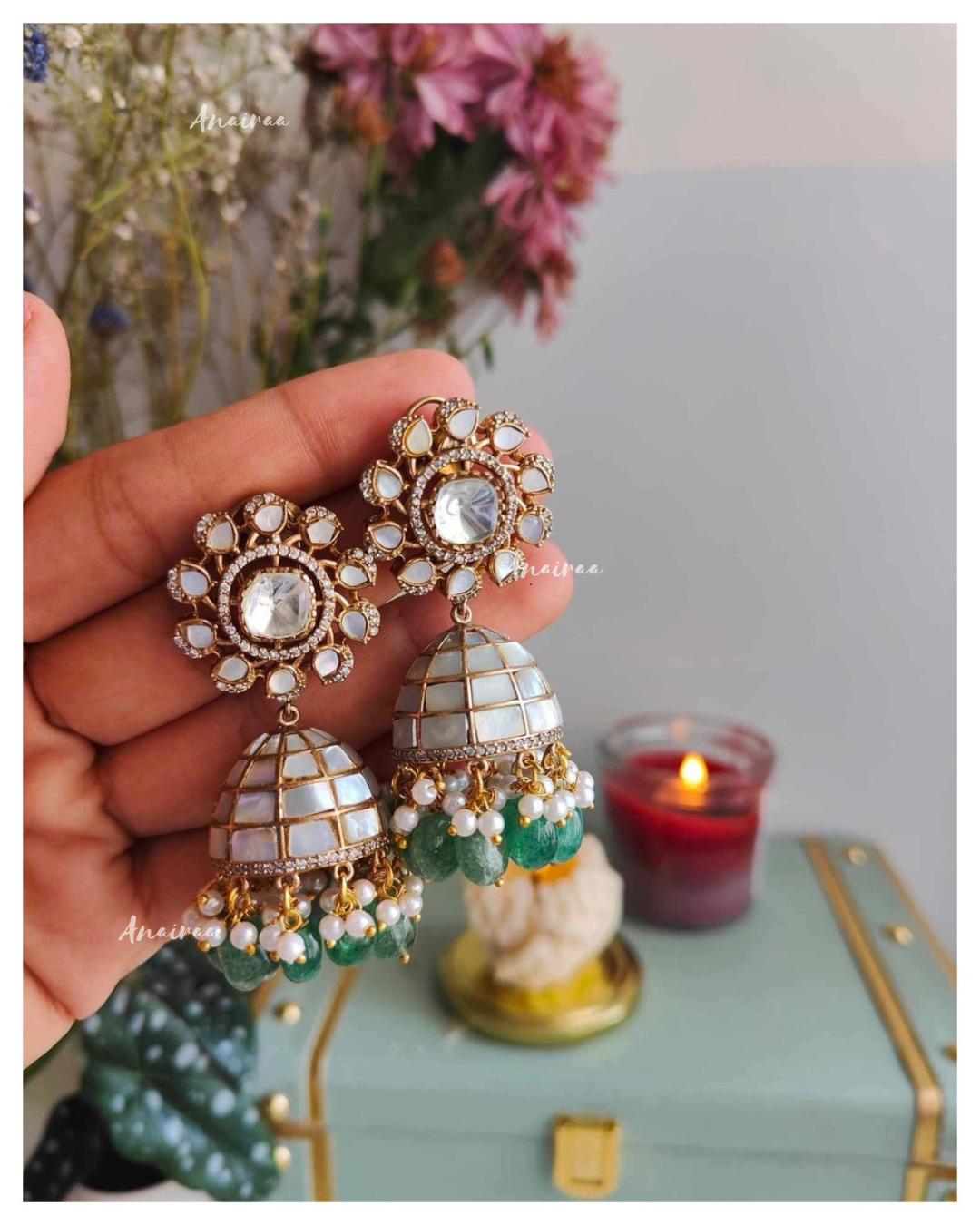 Mother of pearl Jhumka with sage beads