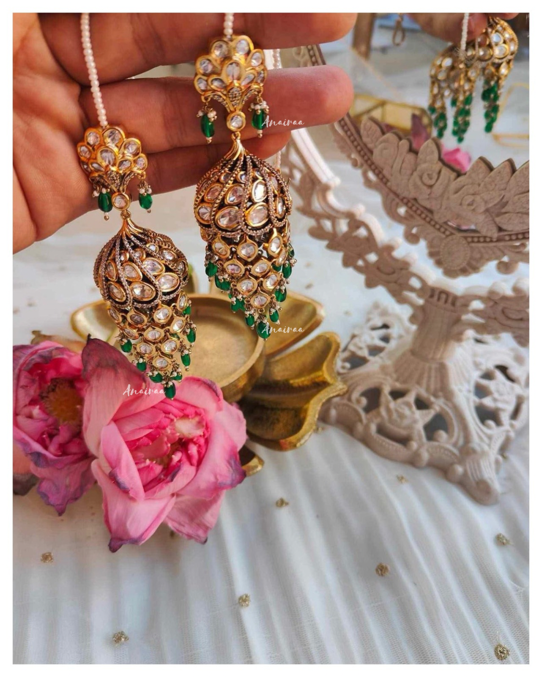 Meera jhumka with emerald beads