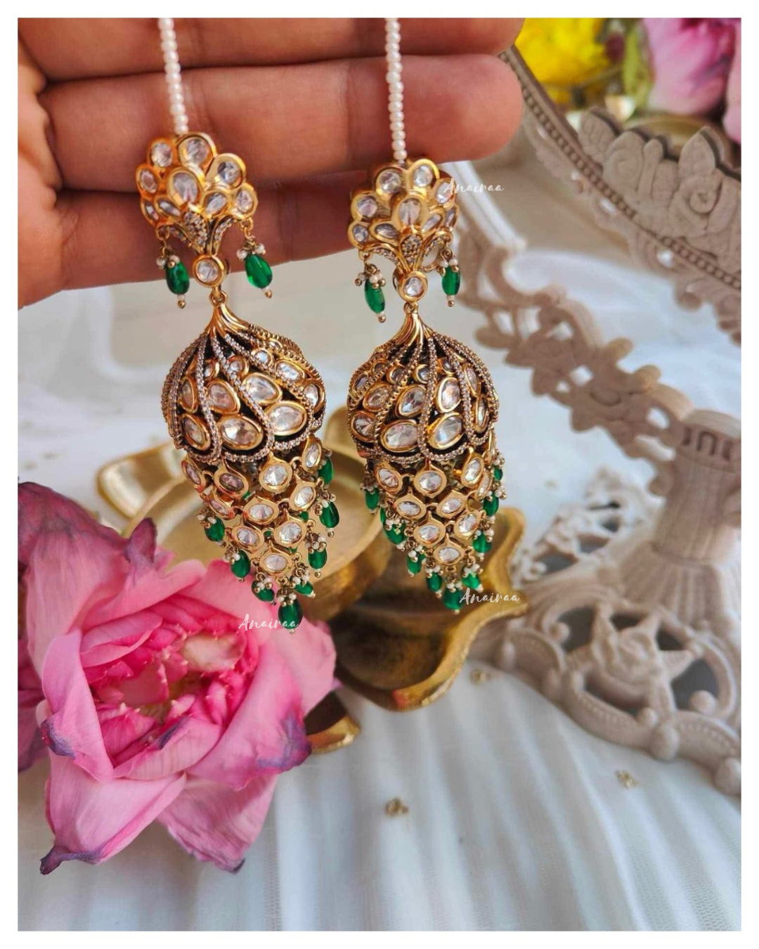 Meera jhumka with emerald beads