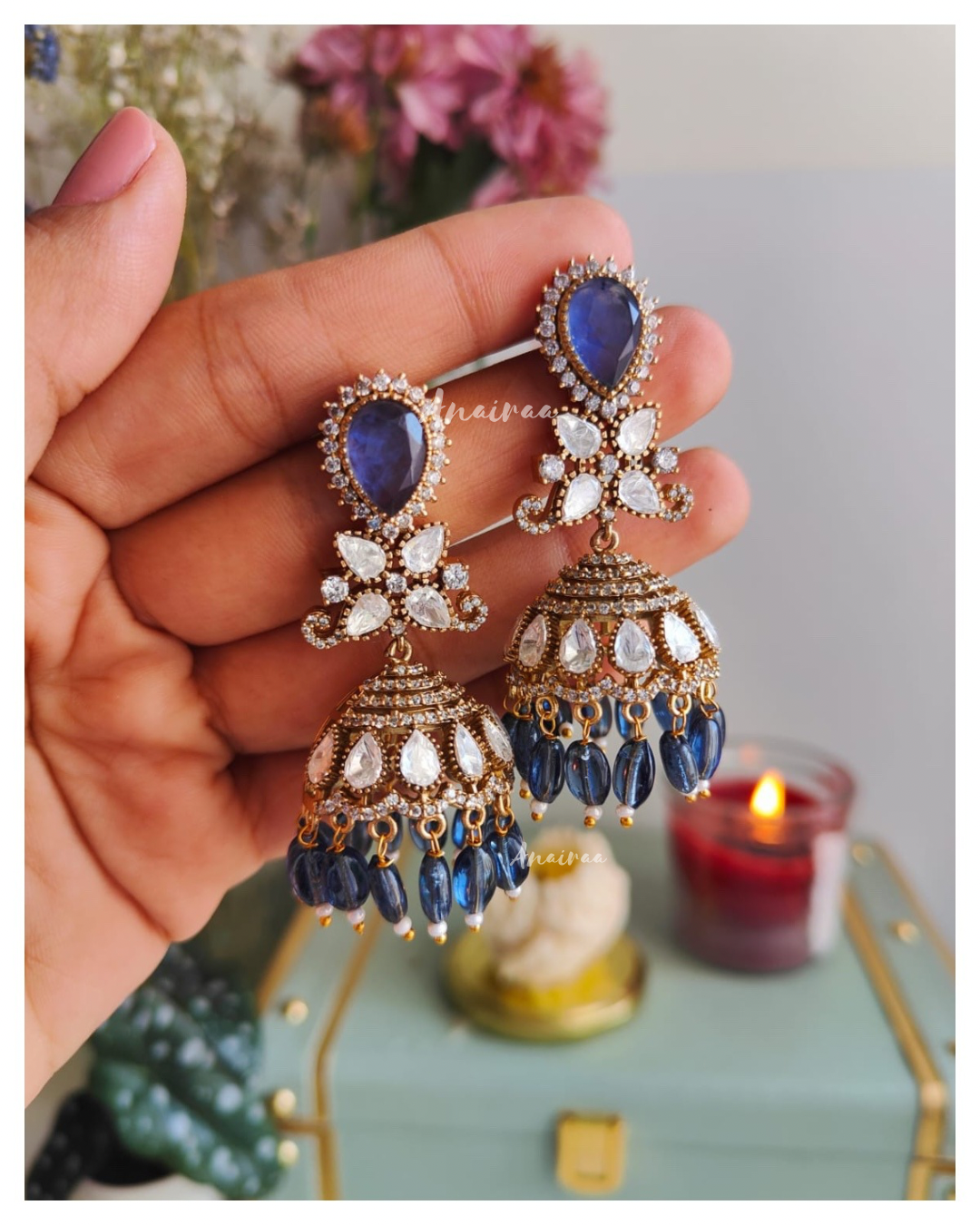 Blue Polki moissanite jhumka