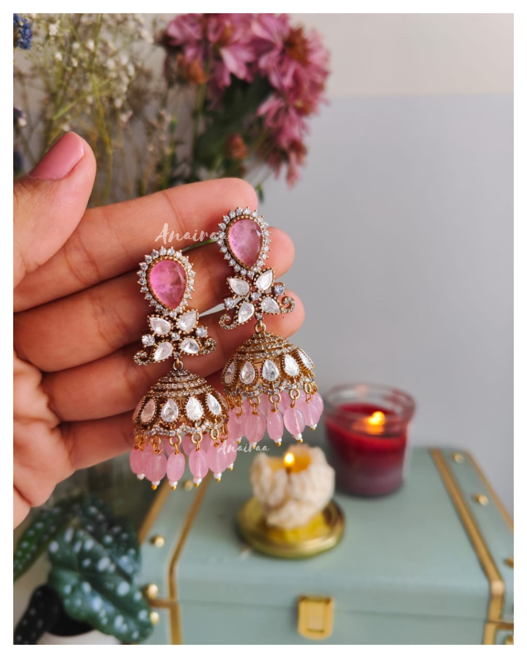 Pink Polki moissanite jhumka