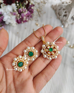 Moissanite pearl emerald pendant set
