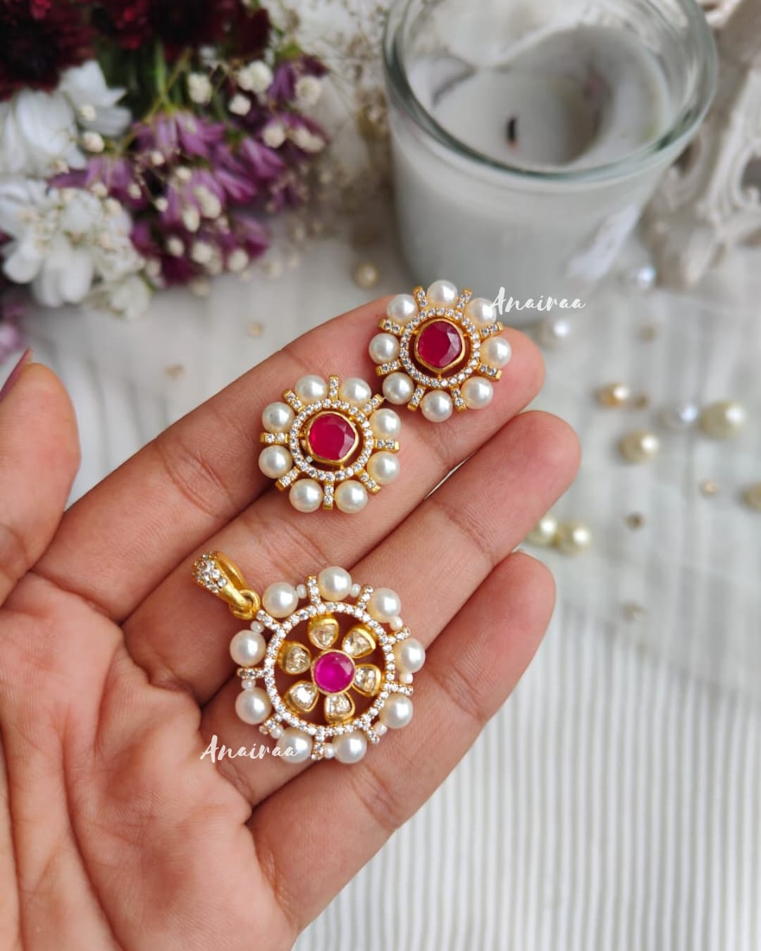 Moissanite pearl ruby pendant set