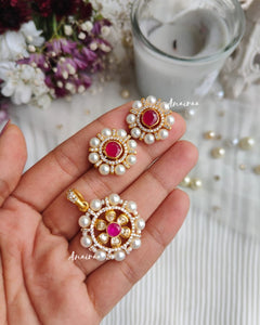 Moissanite pearl ruby pendant set
