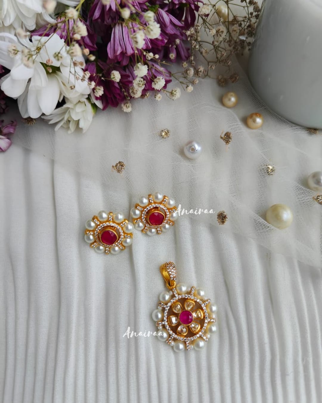 Moissanite pearl ruby pendant set