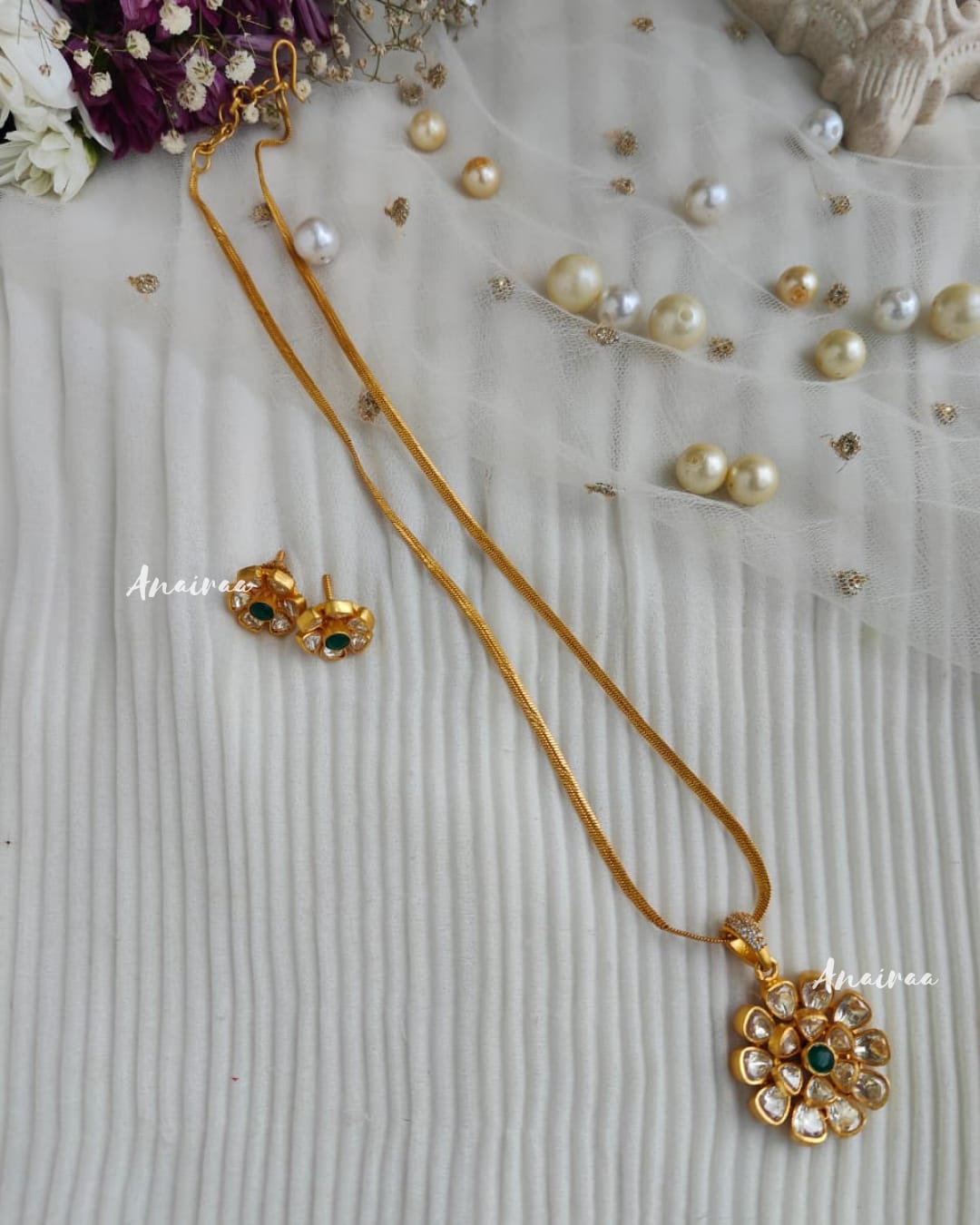 Moissanite floral emerald pendant set