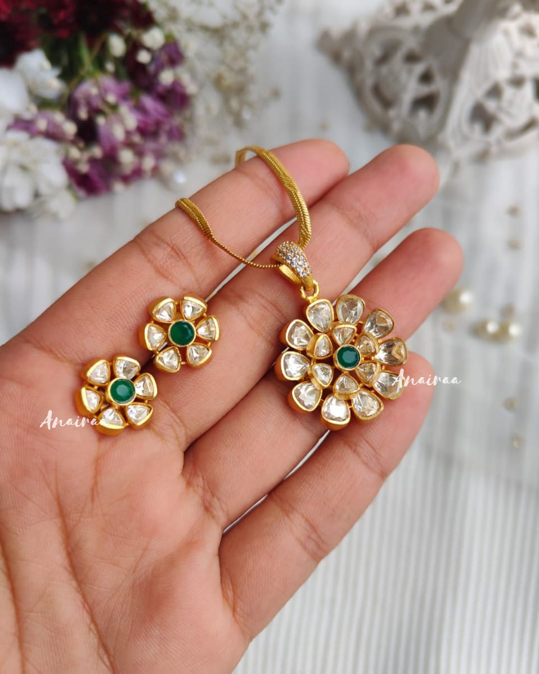 Moissanite floral emerald pendant set