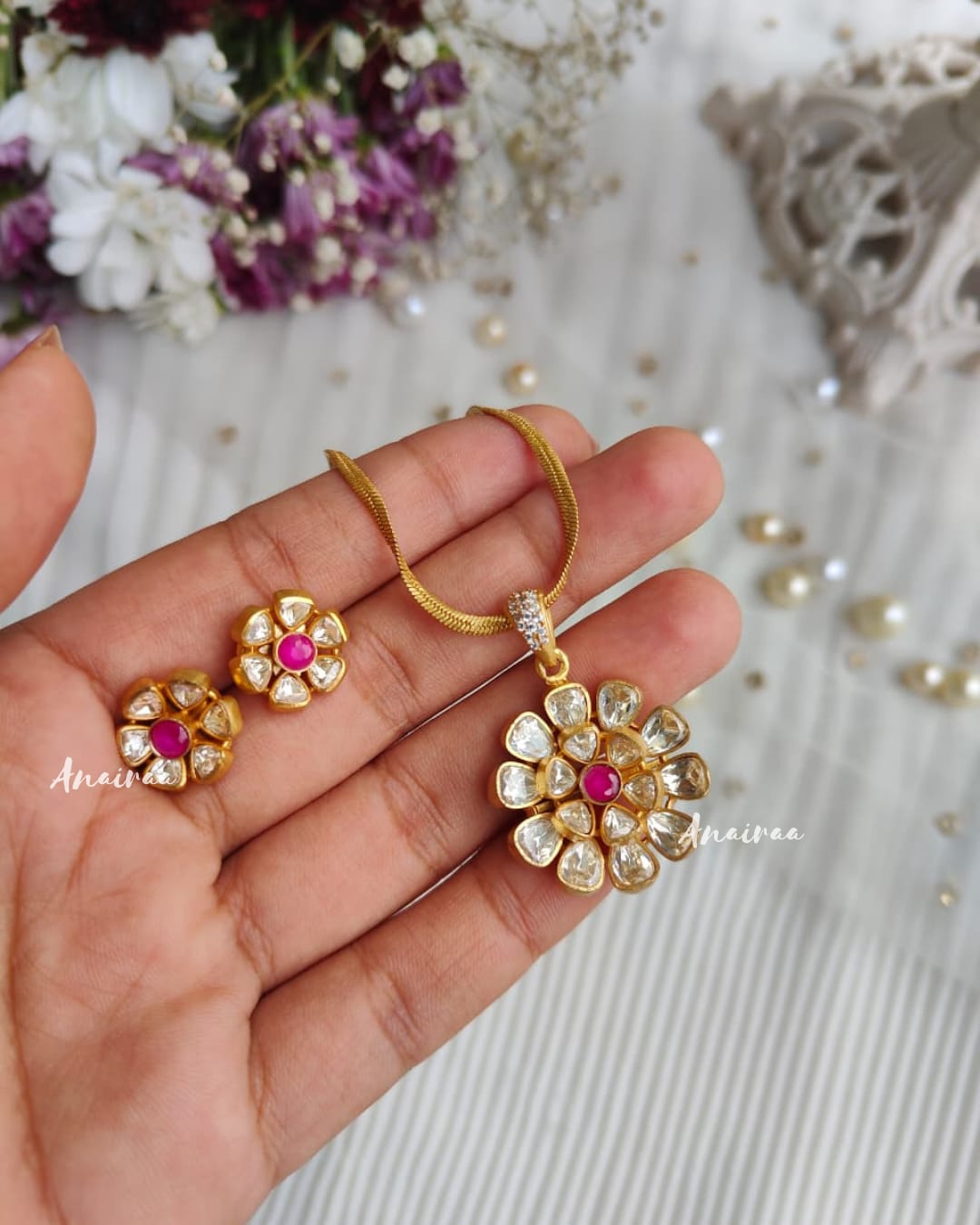 Moissanite floral ruby pendant set