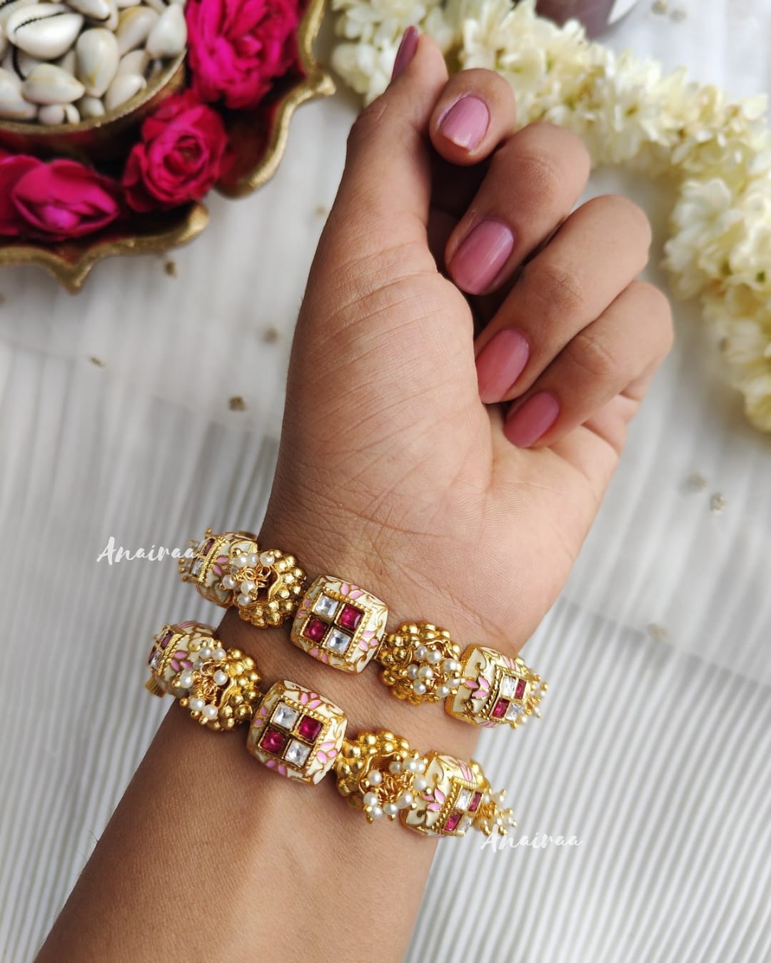 Cream and pink meenakari openable bangles