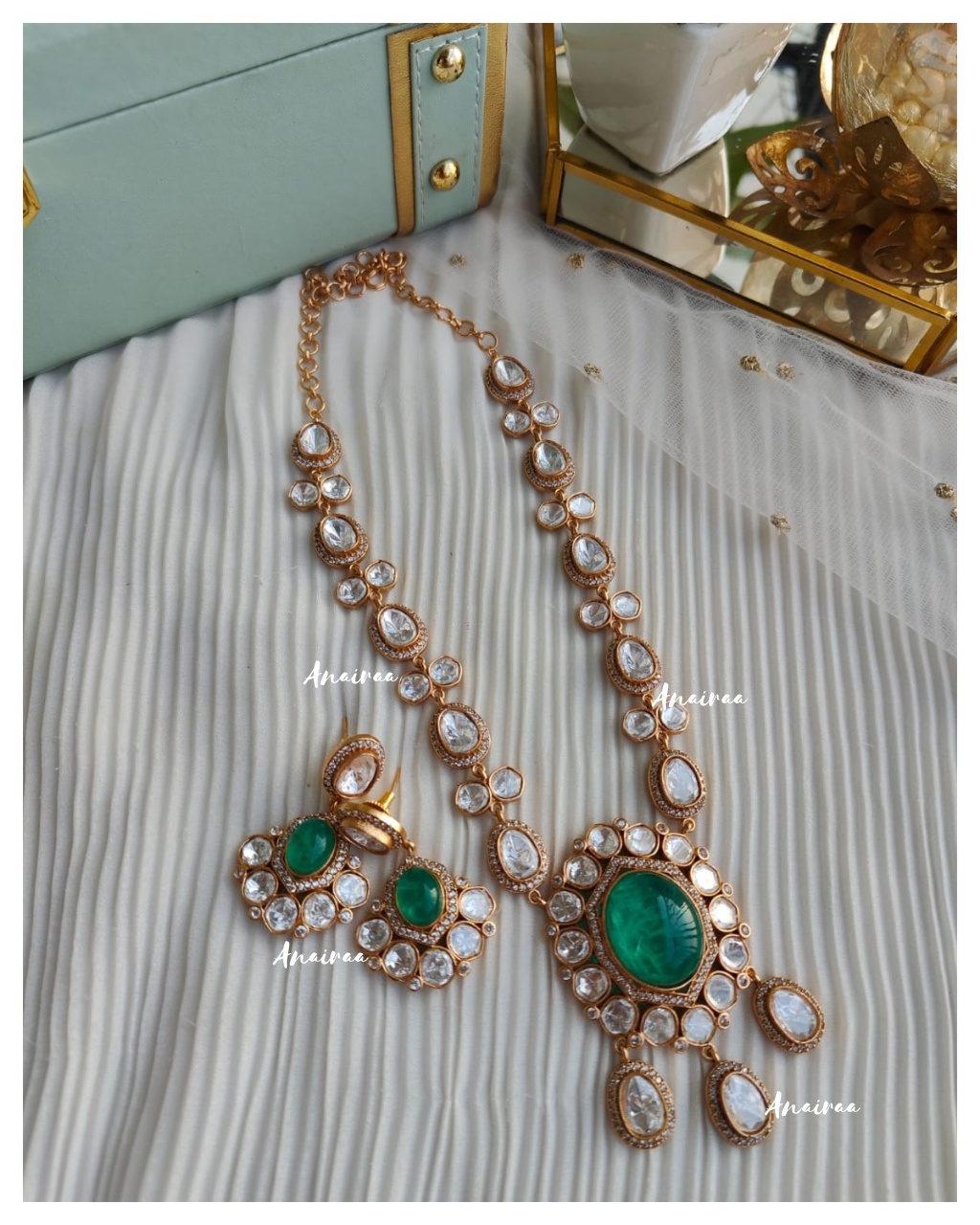 Polki emerald long necklace