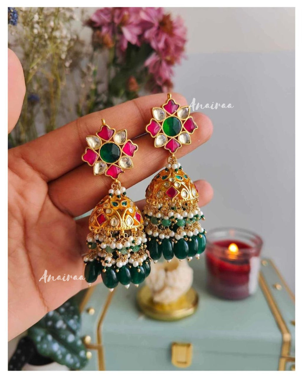 Multi colour kundan jhumkas