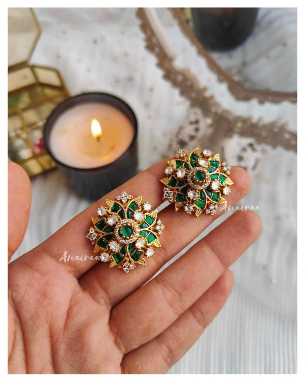 Polki Floral studs with Emerald