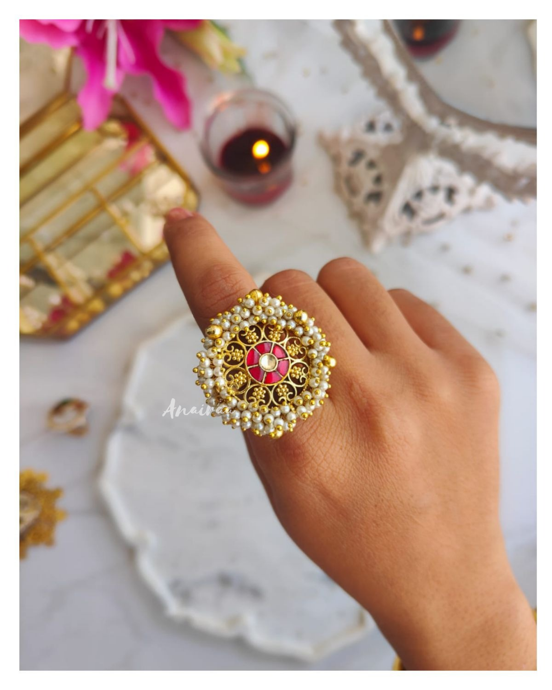 Pearl beaded Kundan Ring