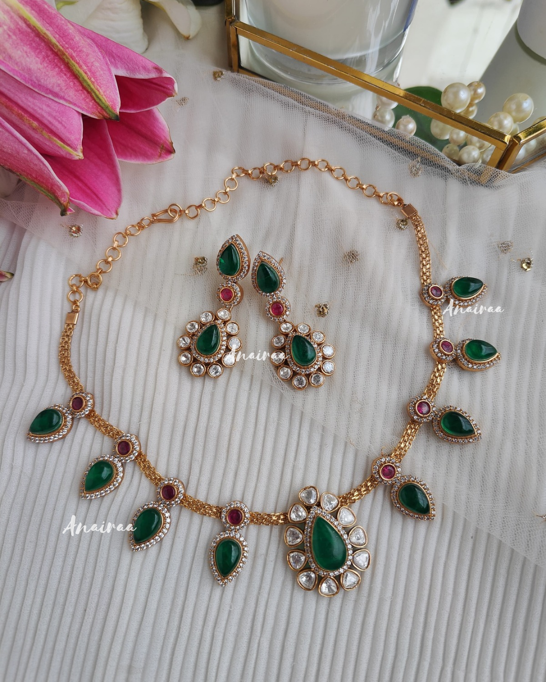 Usha Moissanite emerald necklace set