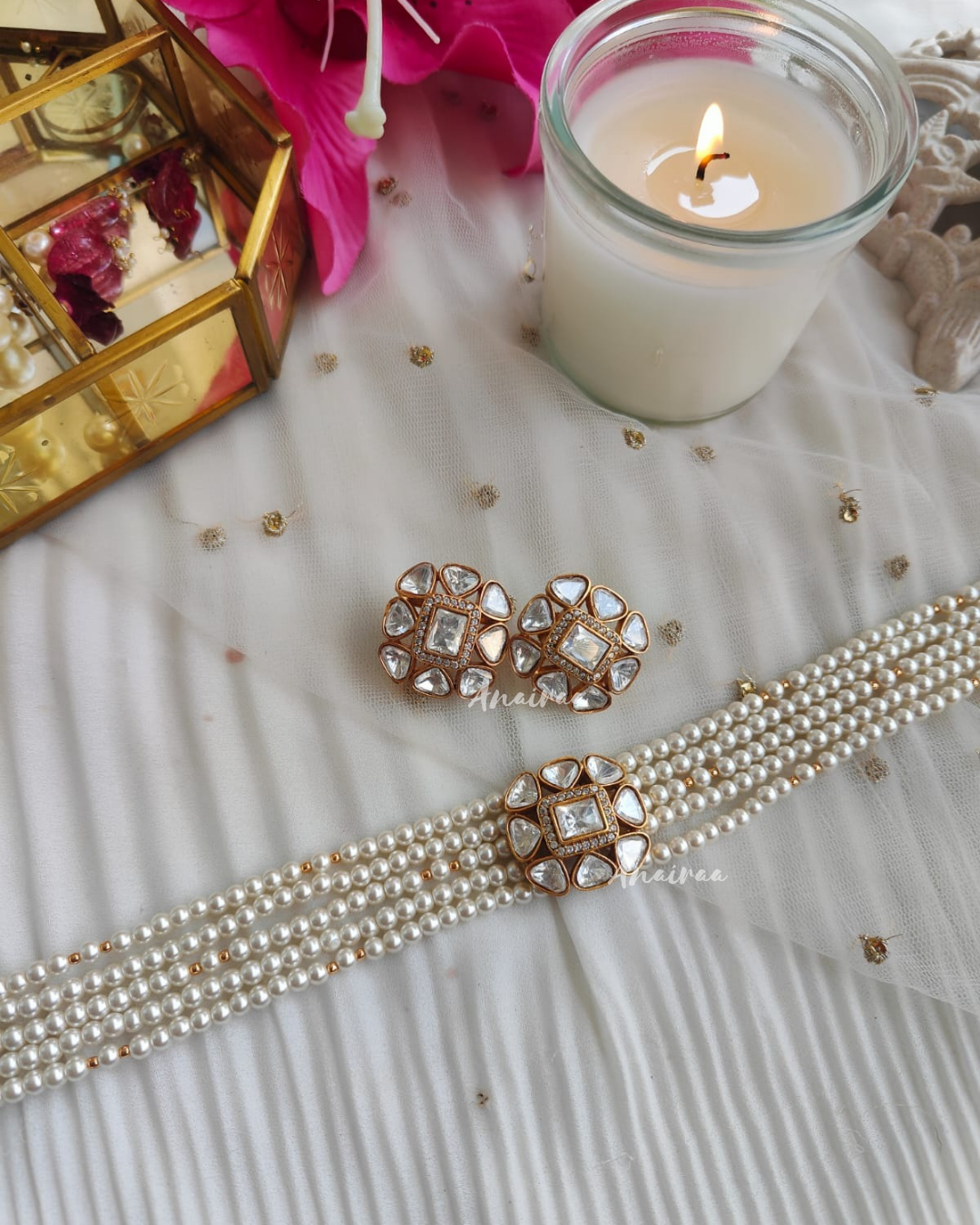 Polki pearl choker with marching studs