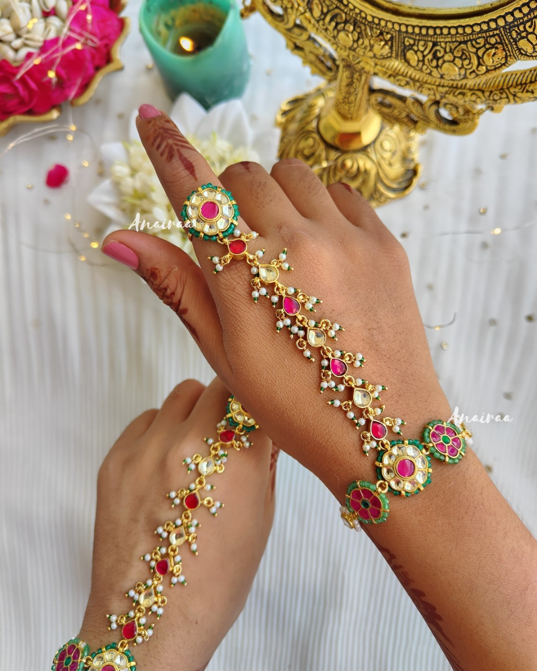 Multi coloured paachi kundan hathphool
