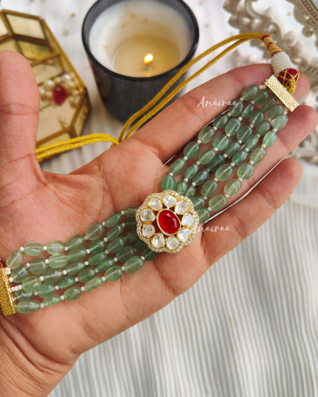 Sage Moissanite choker with ruby highlights