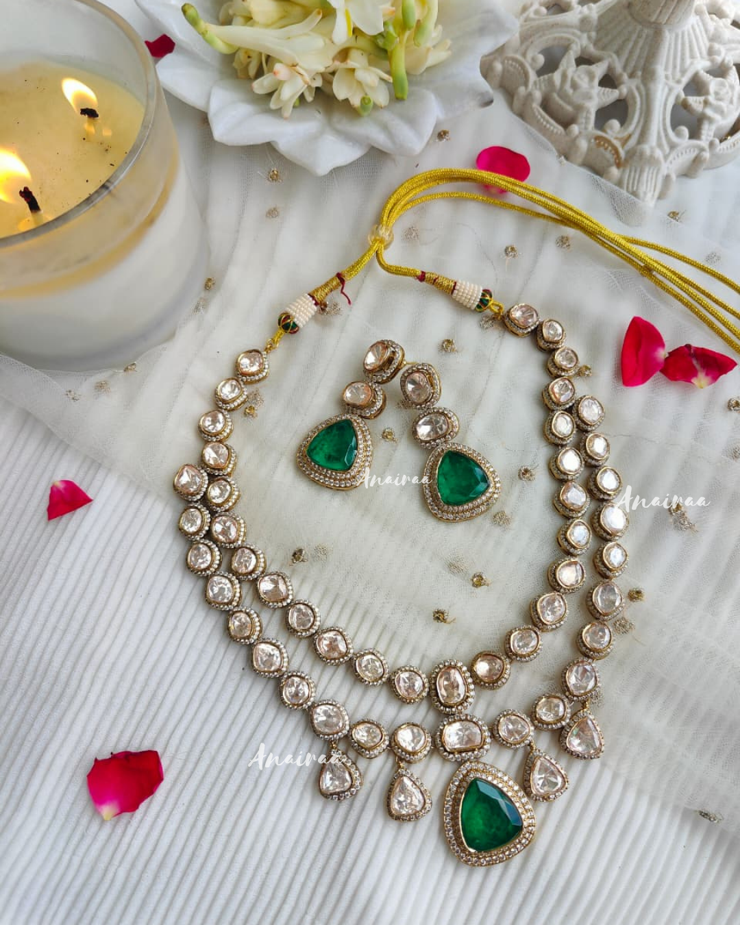 Moissanite with emerald doublet necklace set