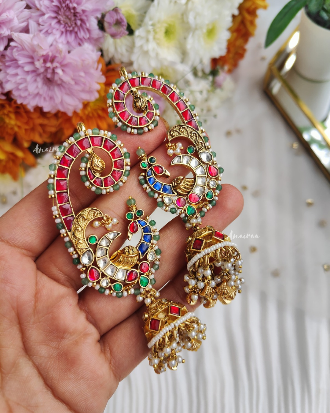 Heritage peacock earcuff jhumkas