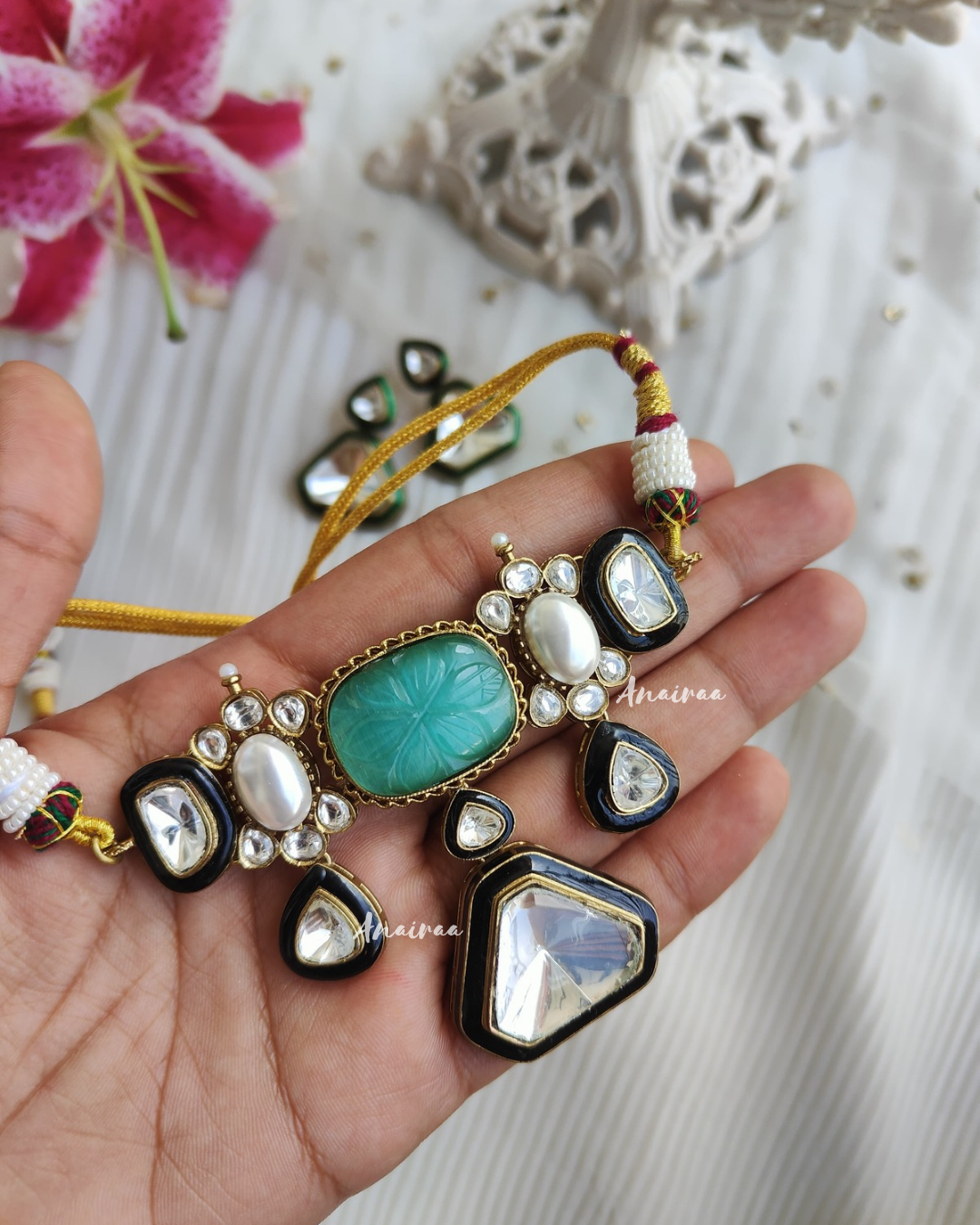 zara polki  turquoise meena choker set