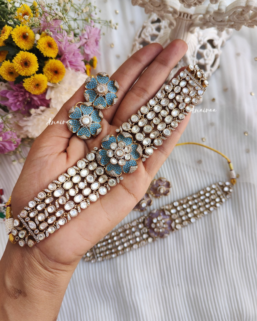 Sparkling flower moissanite choker set -Blue