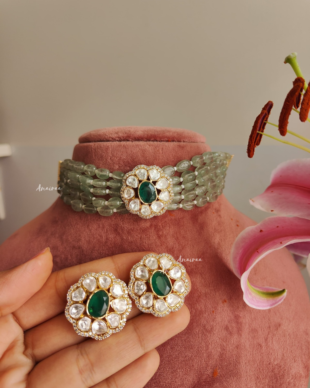 Moissanite with Emerald and sage bead choker set