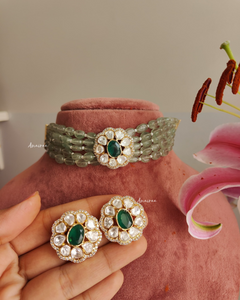 Moissanite with Emerald and sage bead choker set