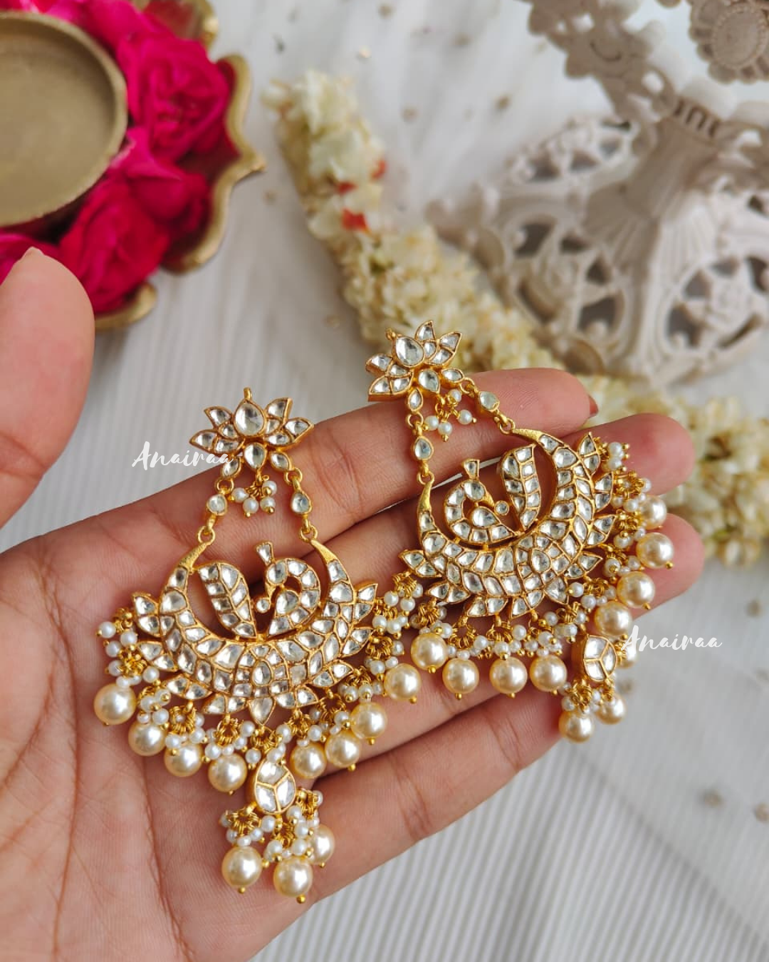 Peacock Kundan Chandbali with earchains