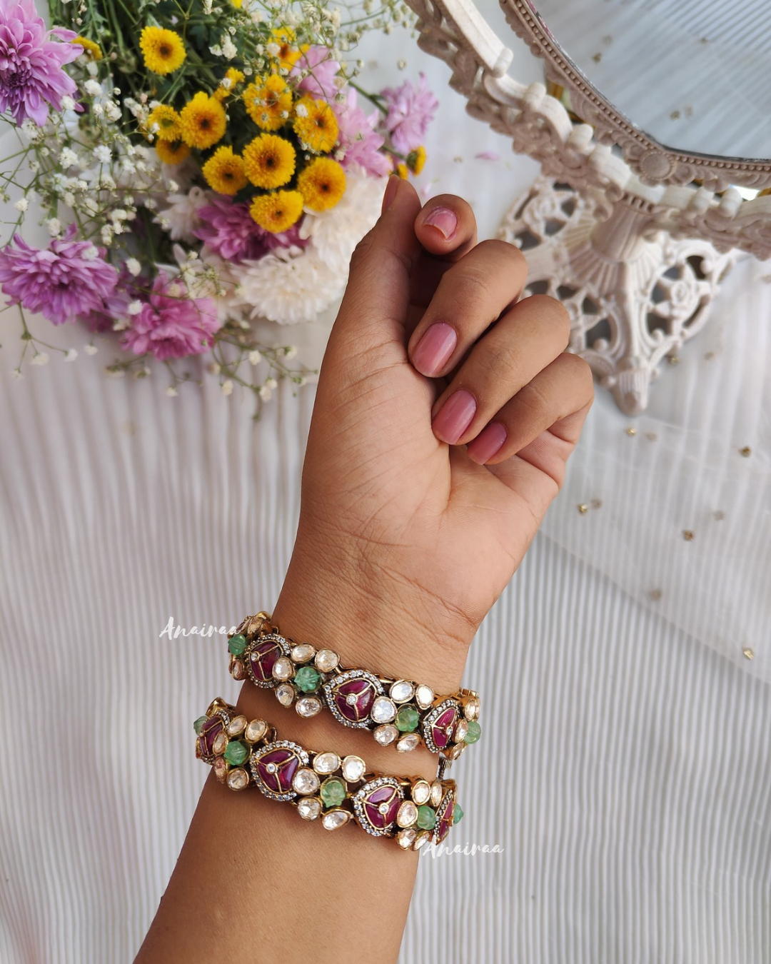 Moissanite bangles  with ruby and flourite melon beads