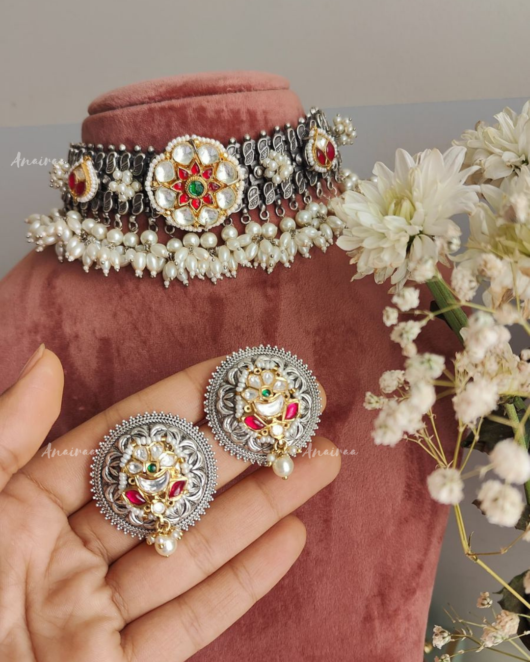 Fusion kundan set in silver plating