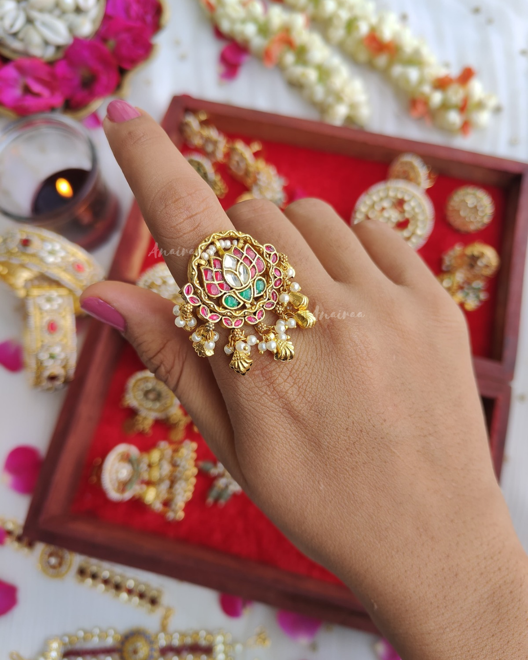 Heritage paachi kundan lotus ring