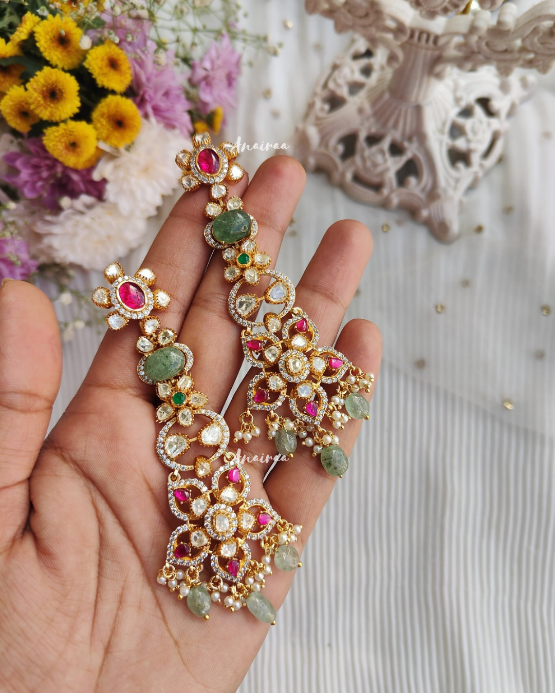 Moissanite ruby& sage earrings