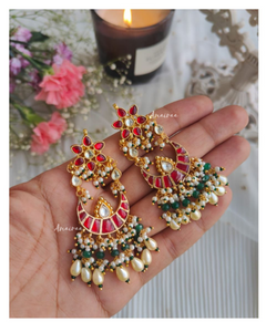 Paachi kundan ruby chandbalis with earchains