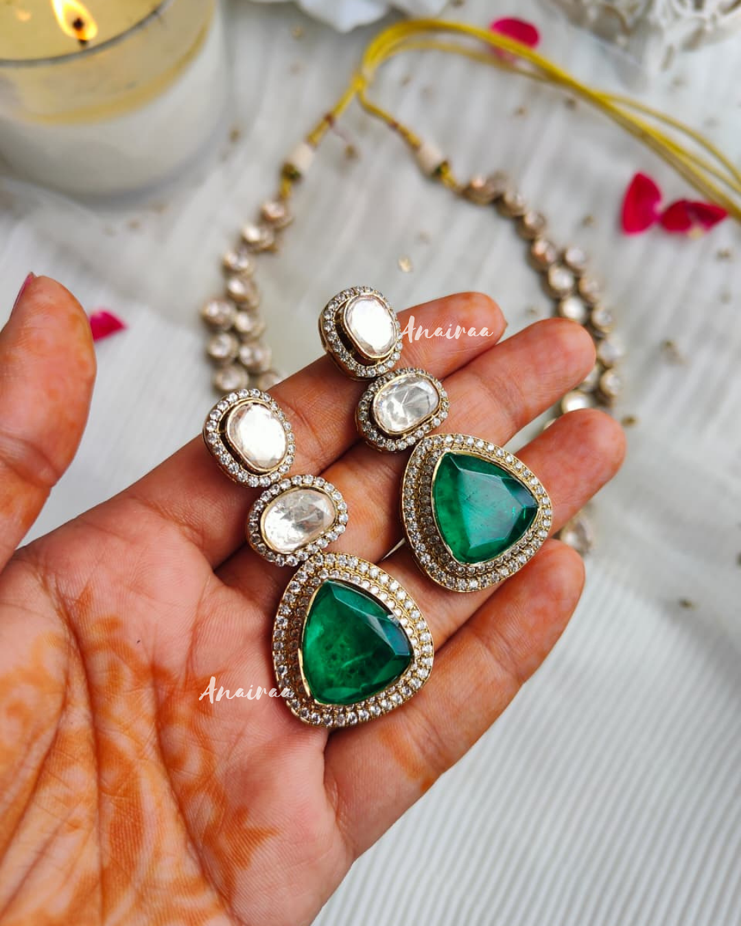 Moissanite with emerald doublet necklace set